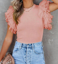 Lovesoft - Dotty Mesh Ruffle Sleeve Ribbed Knit Top