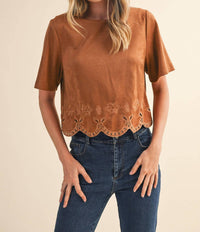 Klesis - Suede-feel Border Cutout Short-sleeve Top