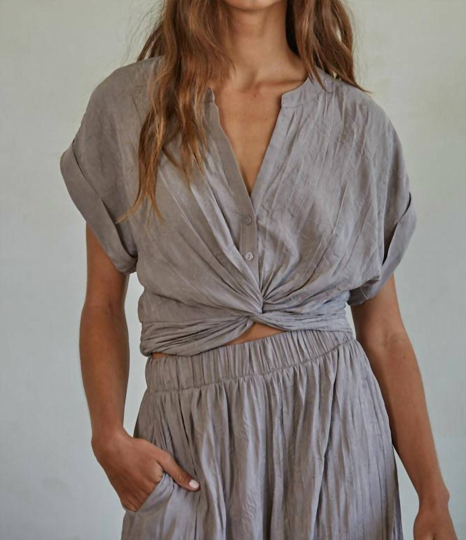 By Together - Women's Woven Polyester Button Down Cropped Top