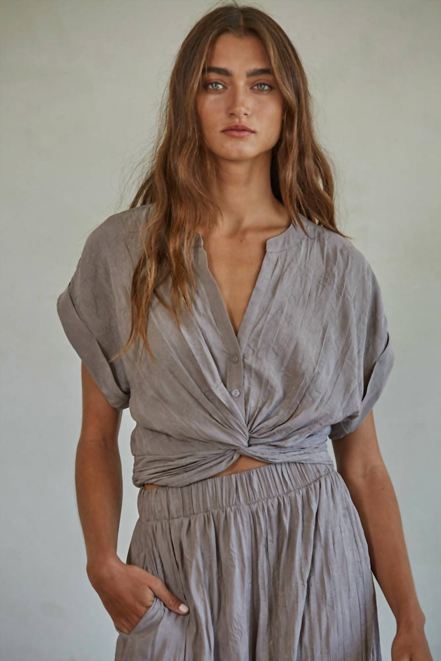 By Together - Women's Woven Polyester Button Down Cropped Top