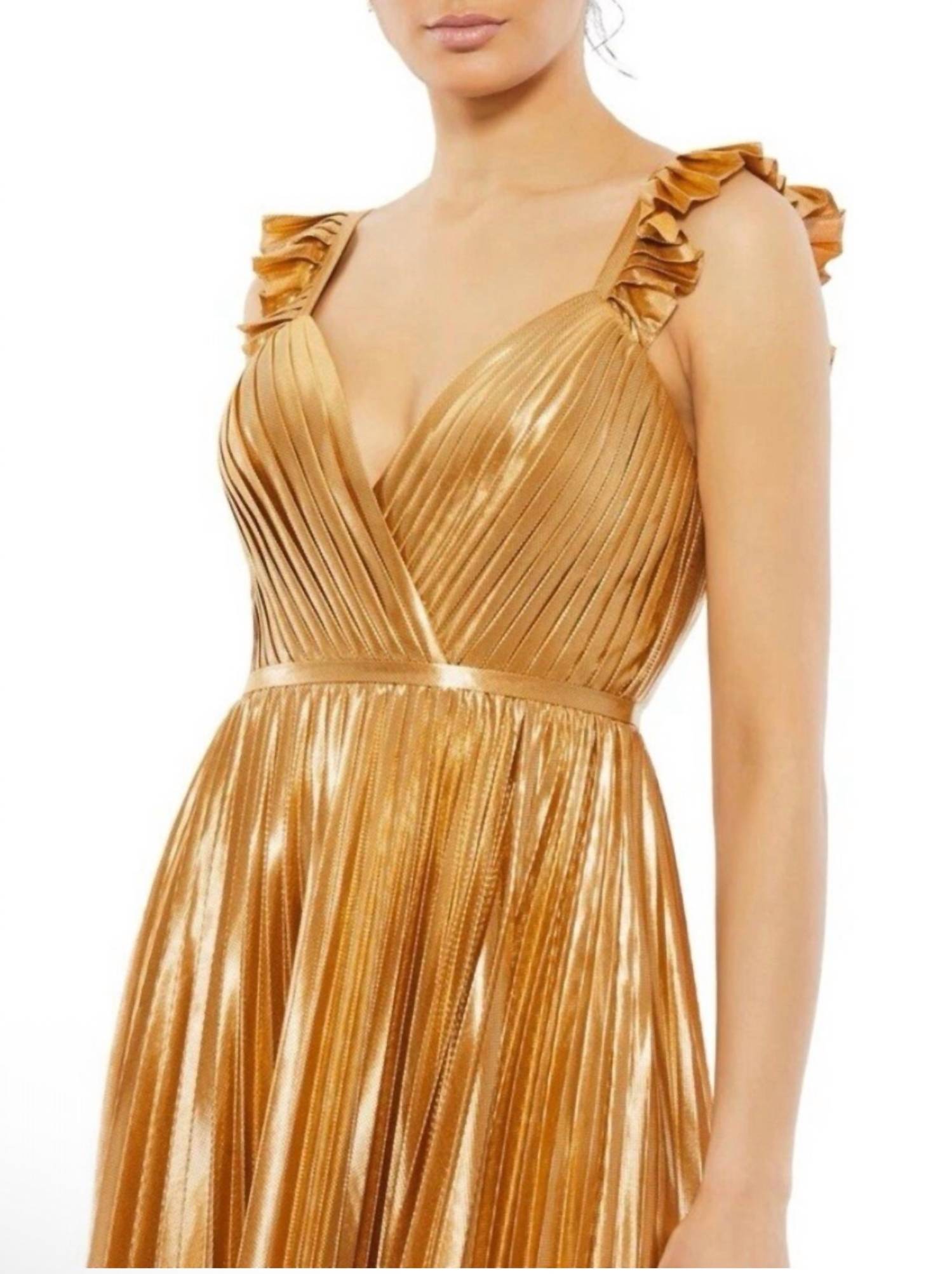 MAC DUGGAL Ieena Pleated Ruffled Sleeveless Gown in gold - women's dress - alternate view