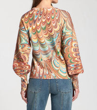 Apny - Abstract Marble Printed Puff Sleeve Pullover Top
