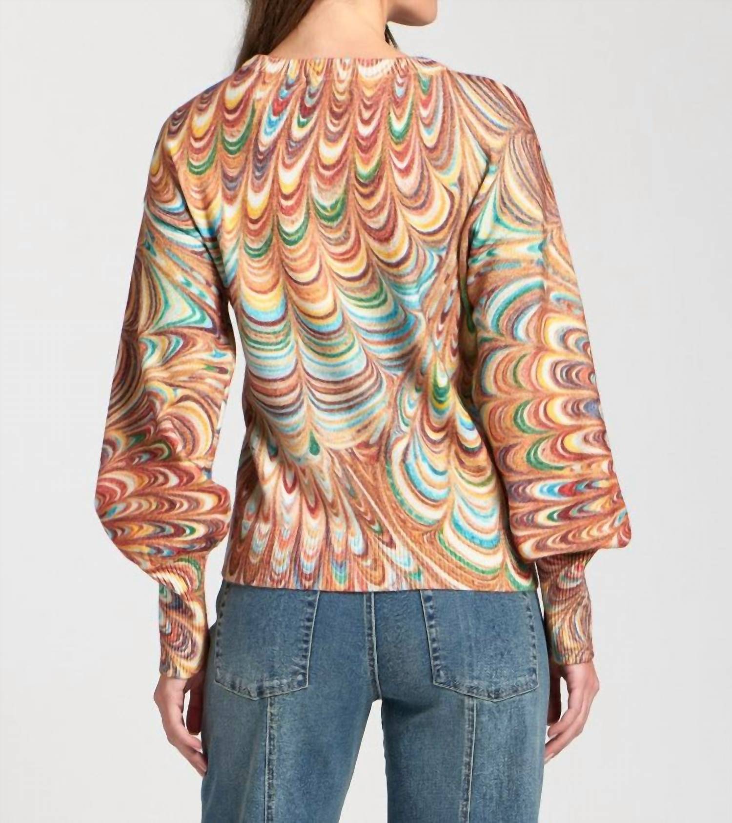 Apny - Abstract Marble Printed Puff Sleeve Pullover Top