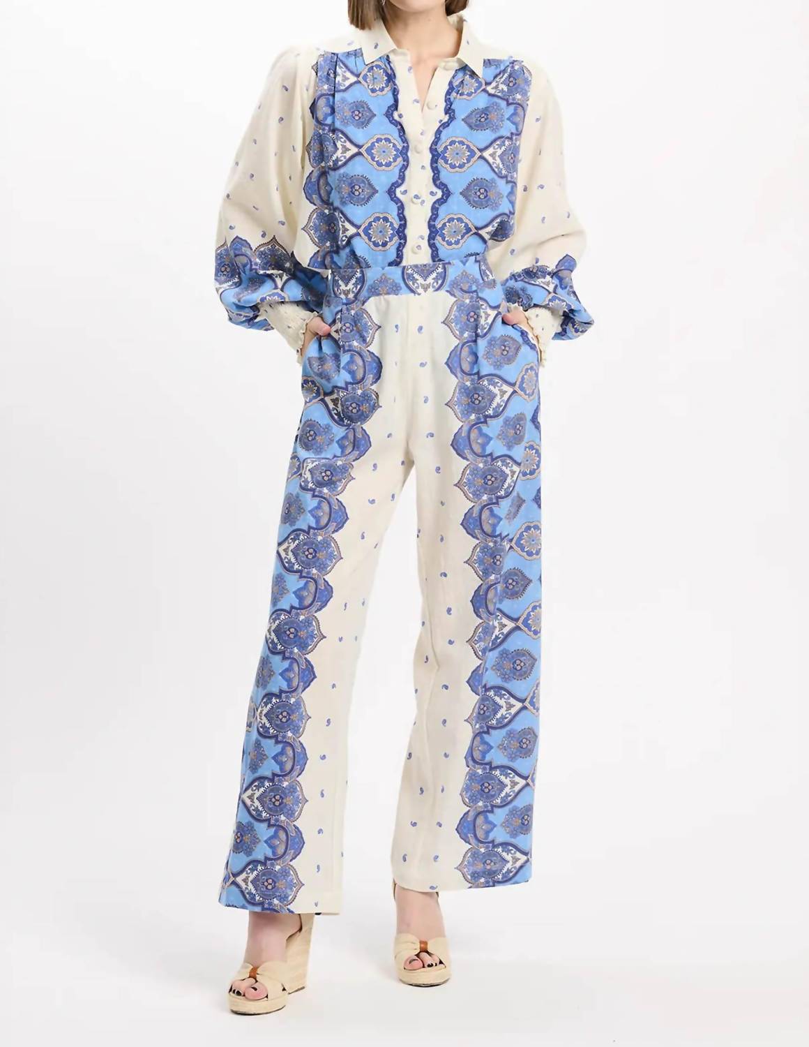 Miss June Paris Viki Boho Shirt in blue paisley print - women's blouse - alternate view