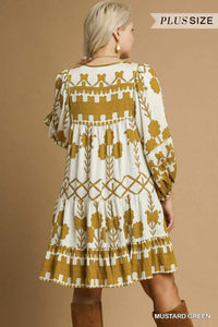 Style USA Tribal Print Dress - Plus Size in mustard - women's dress - detail view