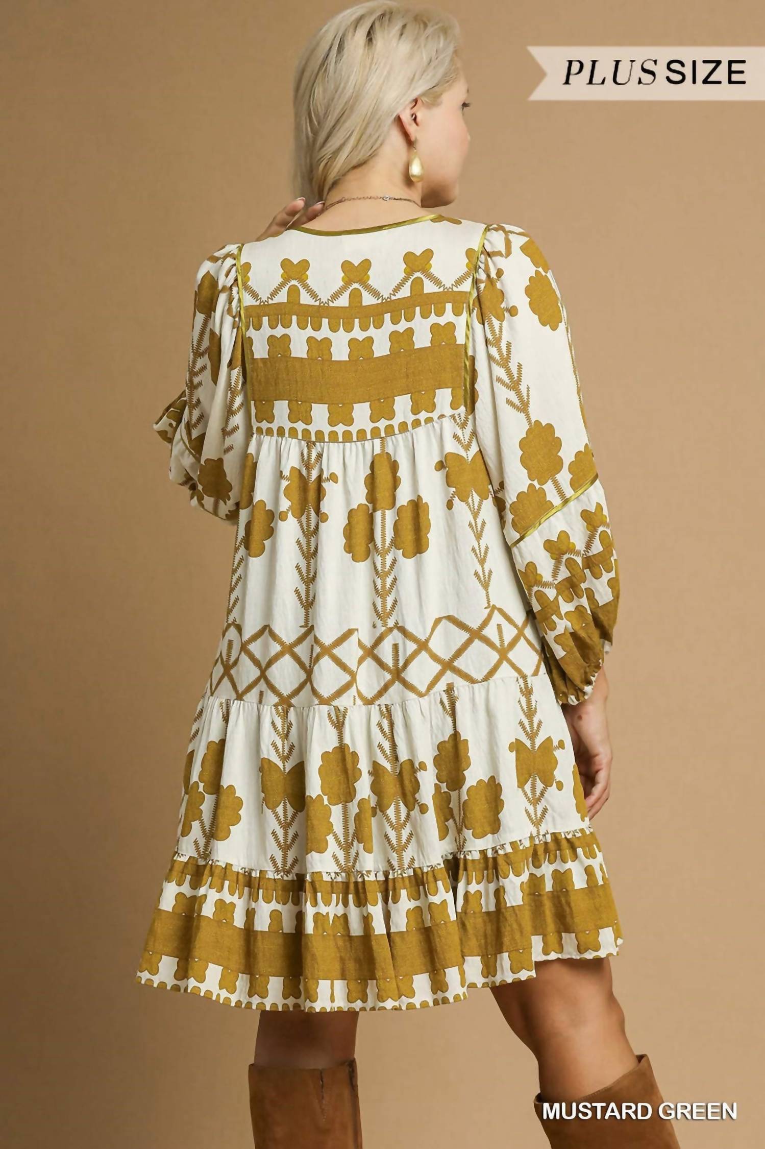 Style USA Tribal Print Dress - Plus Size in mustard - women's dress - detail view