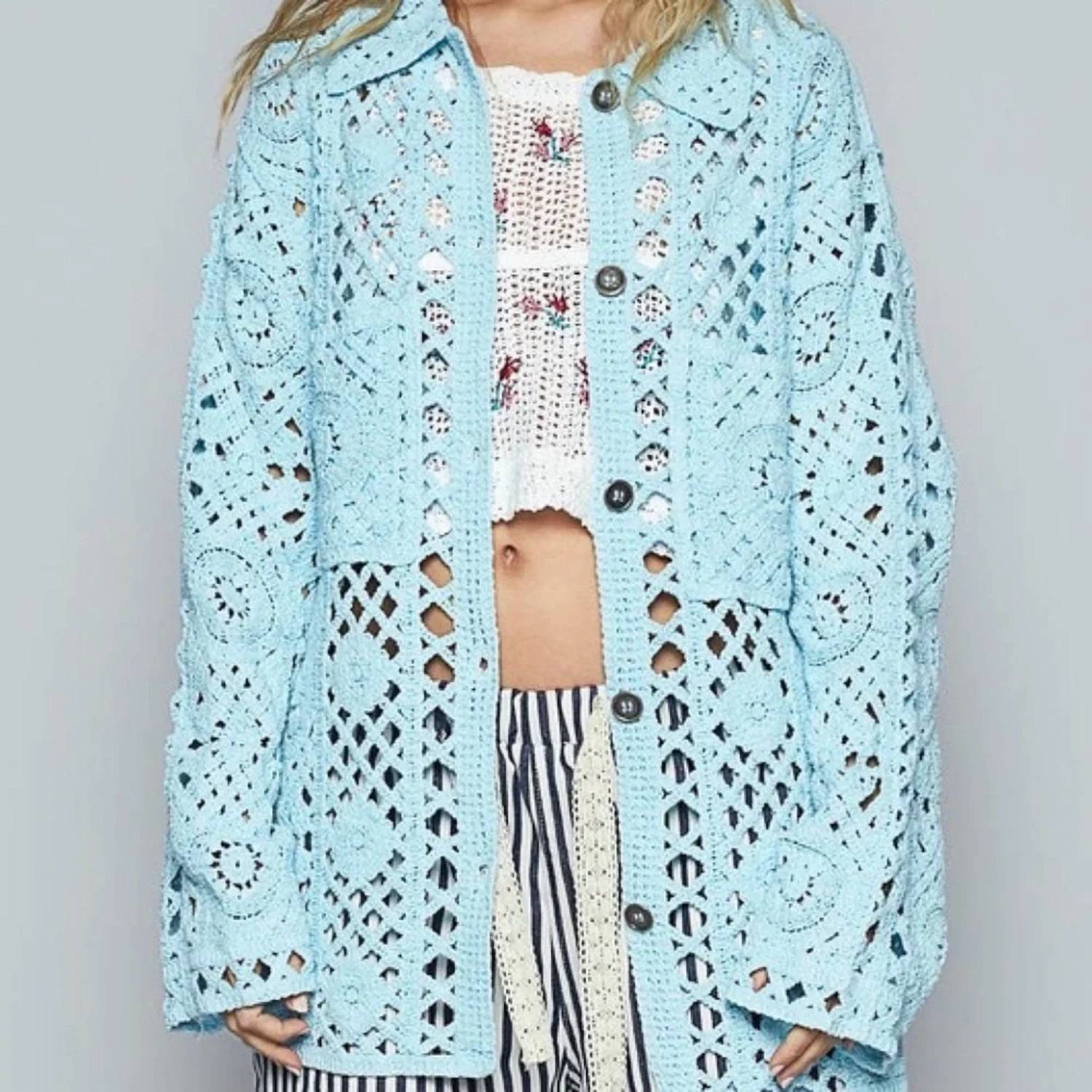 Pol - Crochet Button Up Cardigan With Chest Patch Pockets