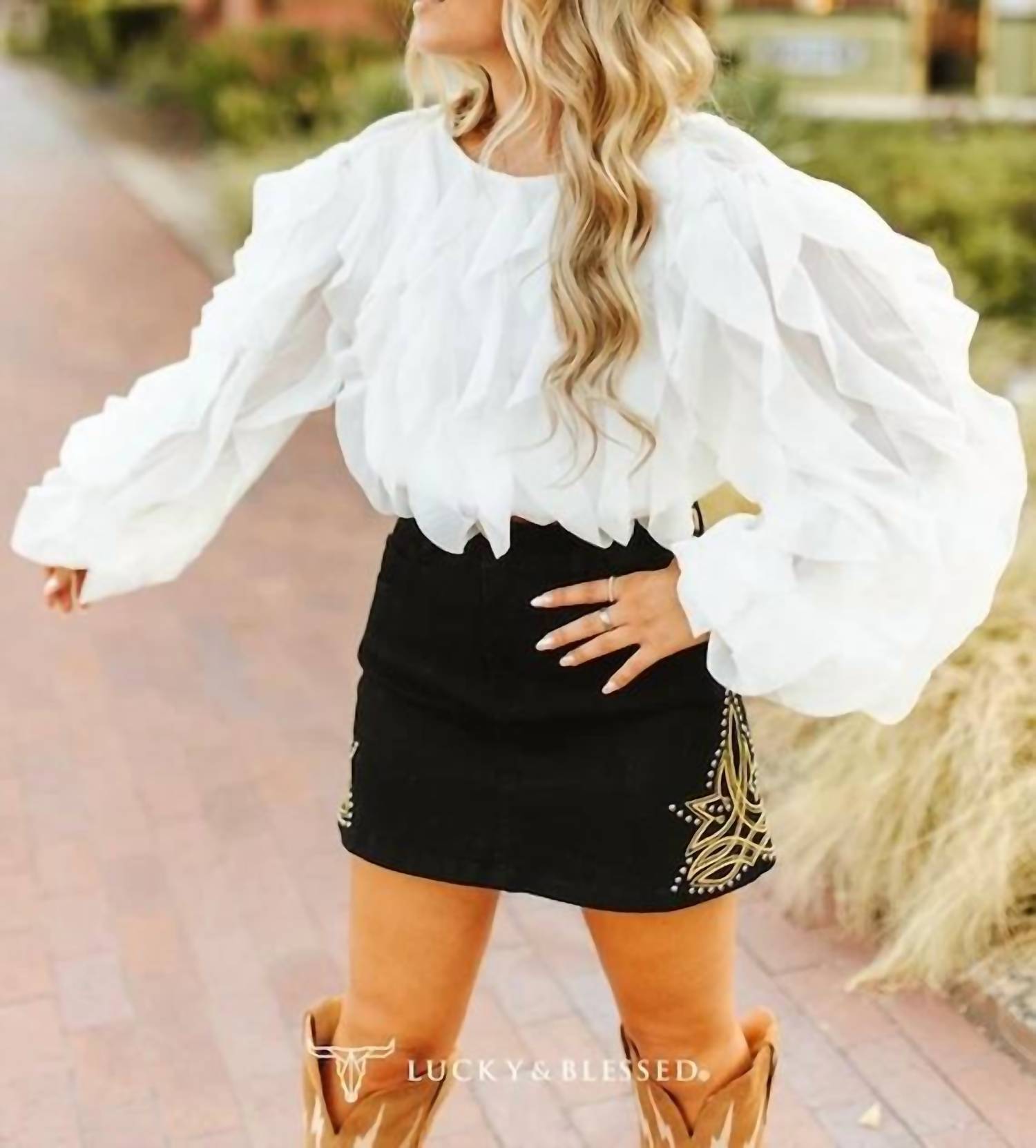 Lucky & Blessed - Denim Boot-Stitch Studded Skirt