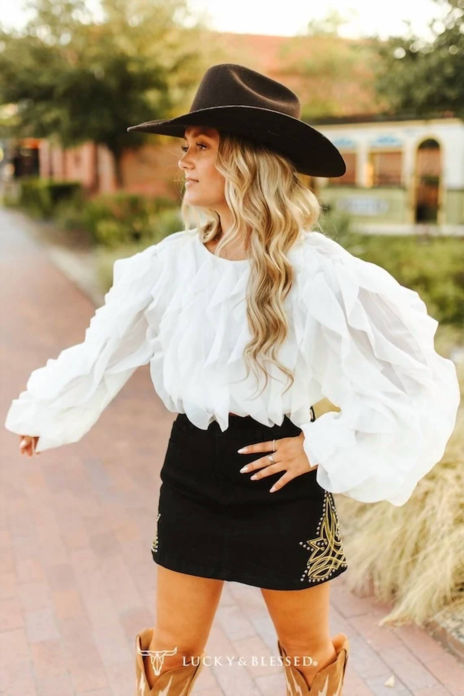 Lucky & Blessed - Denim Boot-Stitch Studded Skirt
