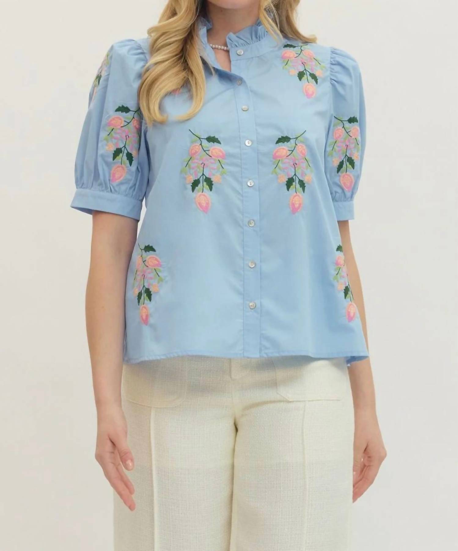 Entro - Short Sleeve Embroidered Blouse