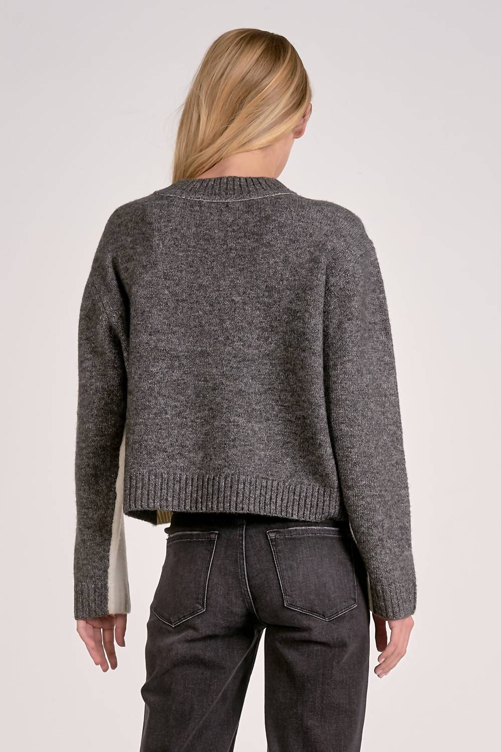ELAN Crewneck Colorblock Sweater in grey white - women's sweater - detail view