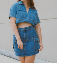 WISHLIST Darlin Cargo Mini Denim Skirt in blue - women's skirt - detail view