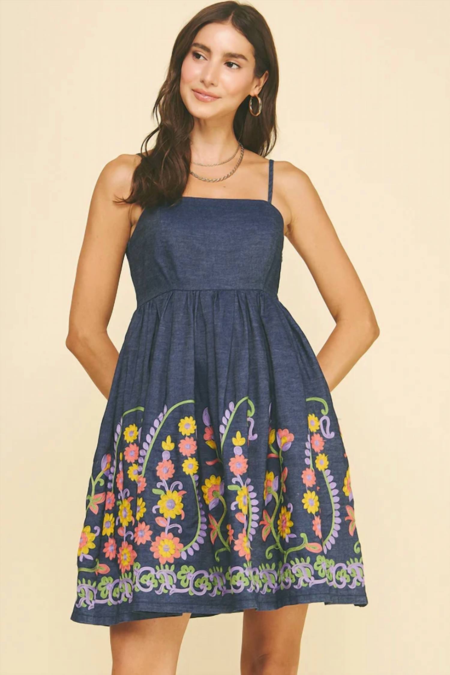 Pinch - Stitch Detail Embroidered Floral Mini Dress