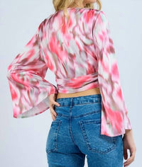 Llove - Bowtie Crop Flare Sleeve Top