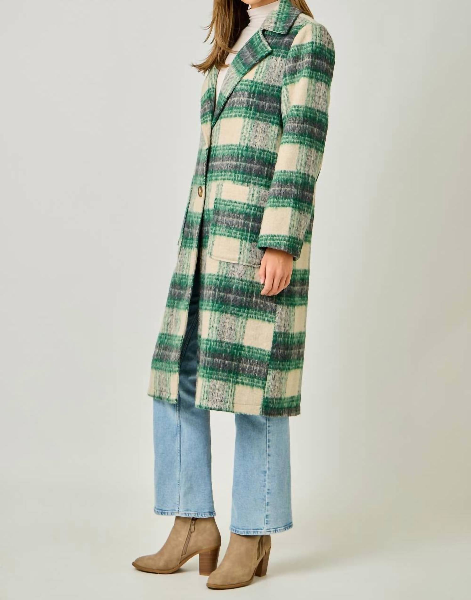mystree Plaid Long Coat in ivory green - women's jacket - alternate view