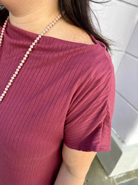 Entro - Solid Ribbed Off-Shoulder Short Sleeve Midi Dress