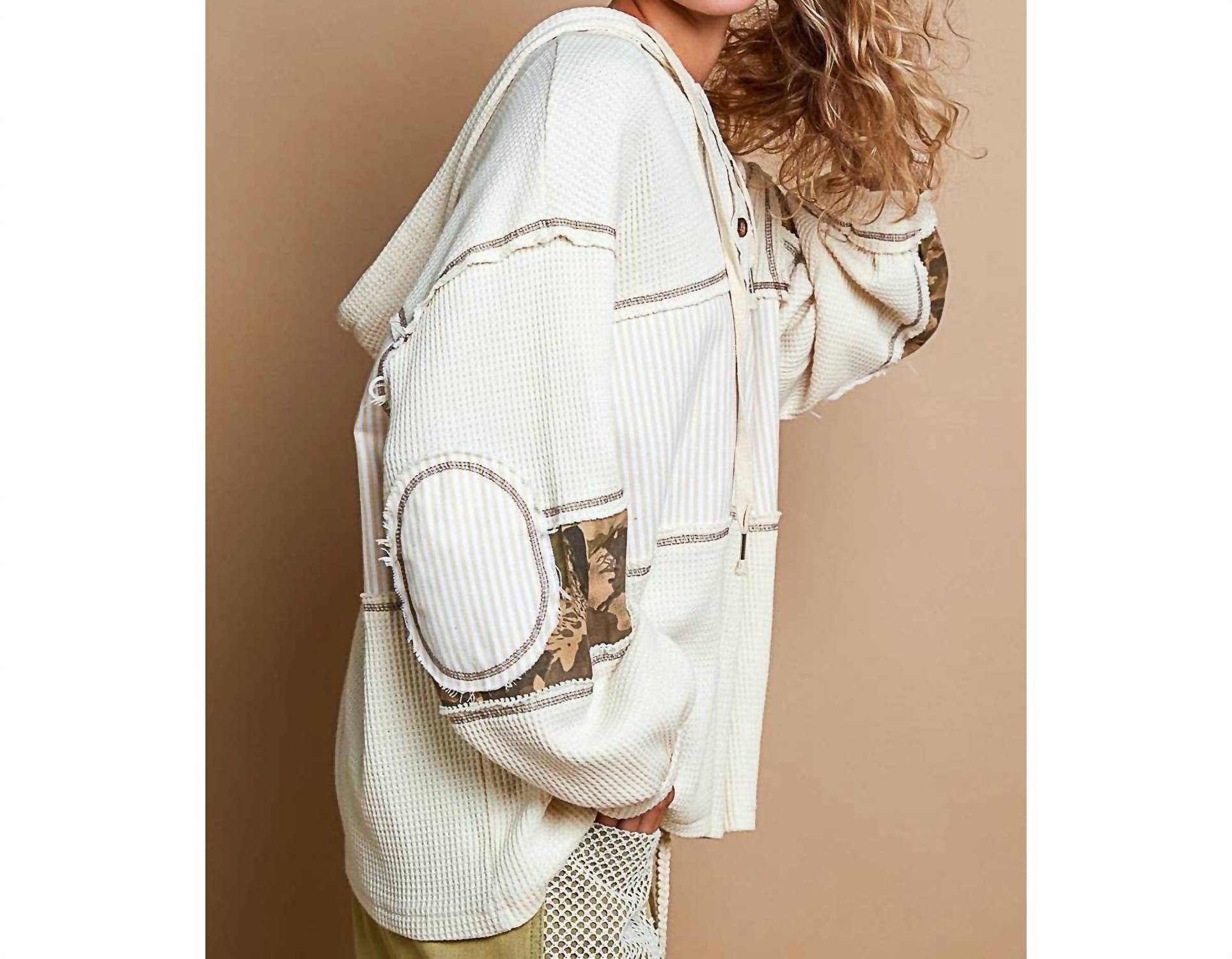 POL Printed Camo Sleeve Elbow Patches Top in cream - women's top - alternate view