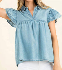 Pol - Collared Babydoll Denim Top