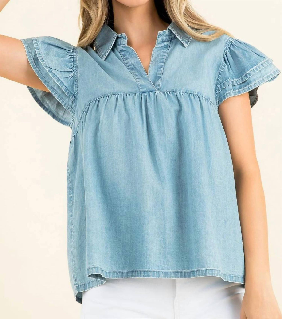 Pol - Collared Babydoll Denim Top