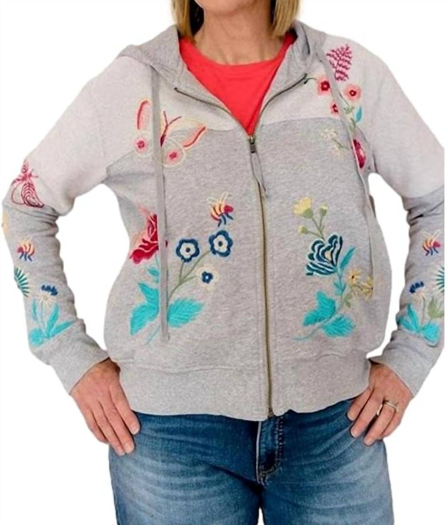 Johnny Was Arla French Terry Sweatshirt in light heather - women's top - detail view