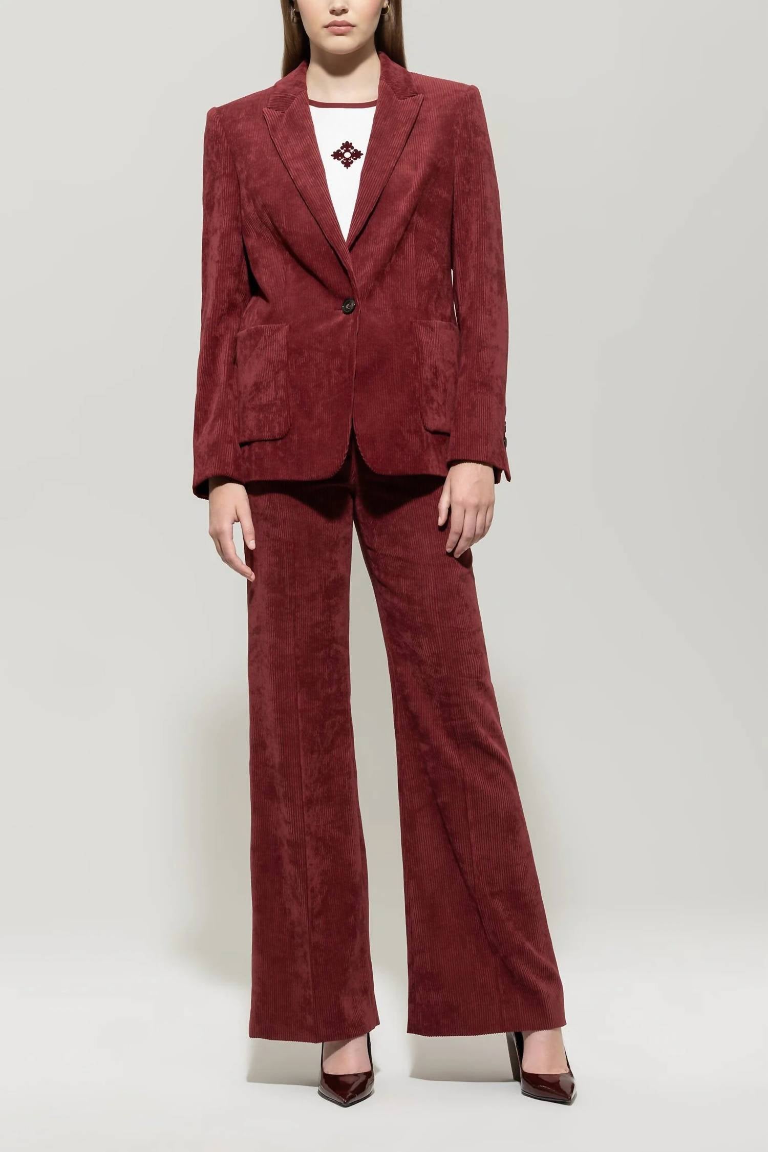 LUISA CERANO Corduroy One Button Blazer in berry red - women's jacket - view 4