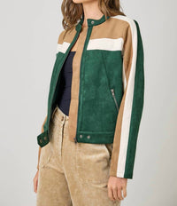 mystree Colorblock Faux Suede Racer Jacket in green mix - women's jacket - view 6