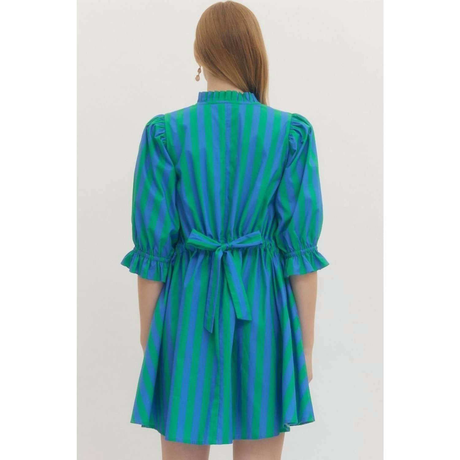 Style USA Striped Puff Sleeve Mini Dress in green - women's dress - detail view