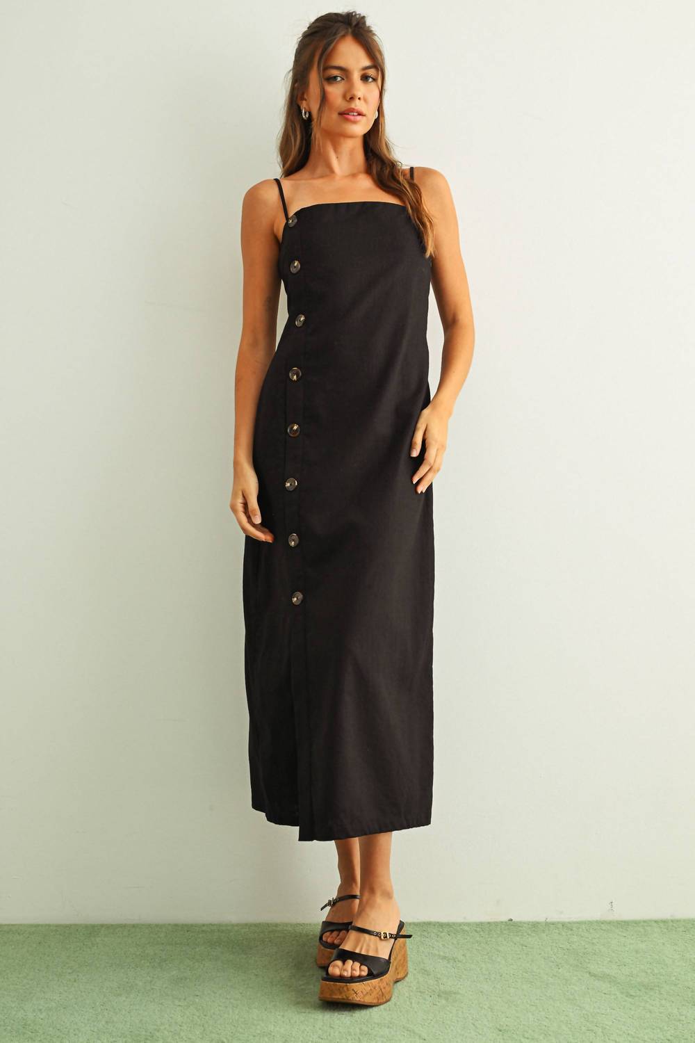 Miou Muse - Button Detail Linen Long Dress