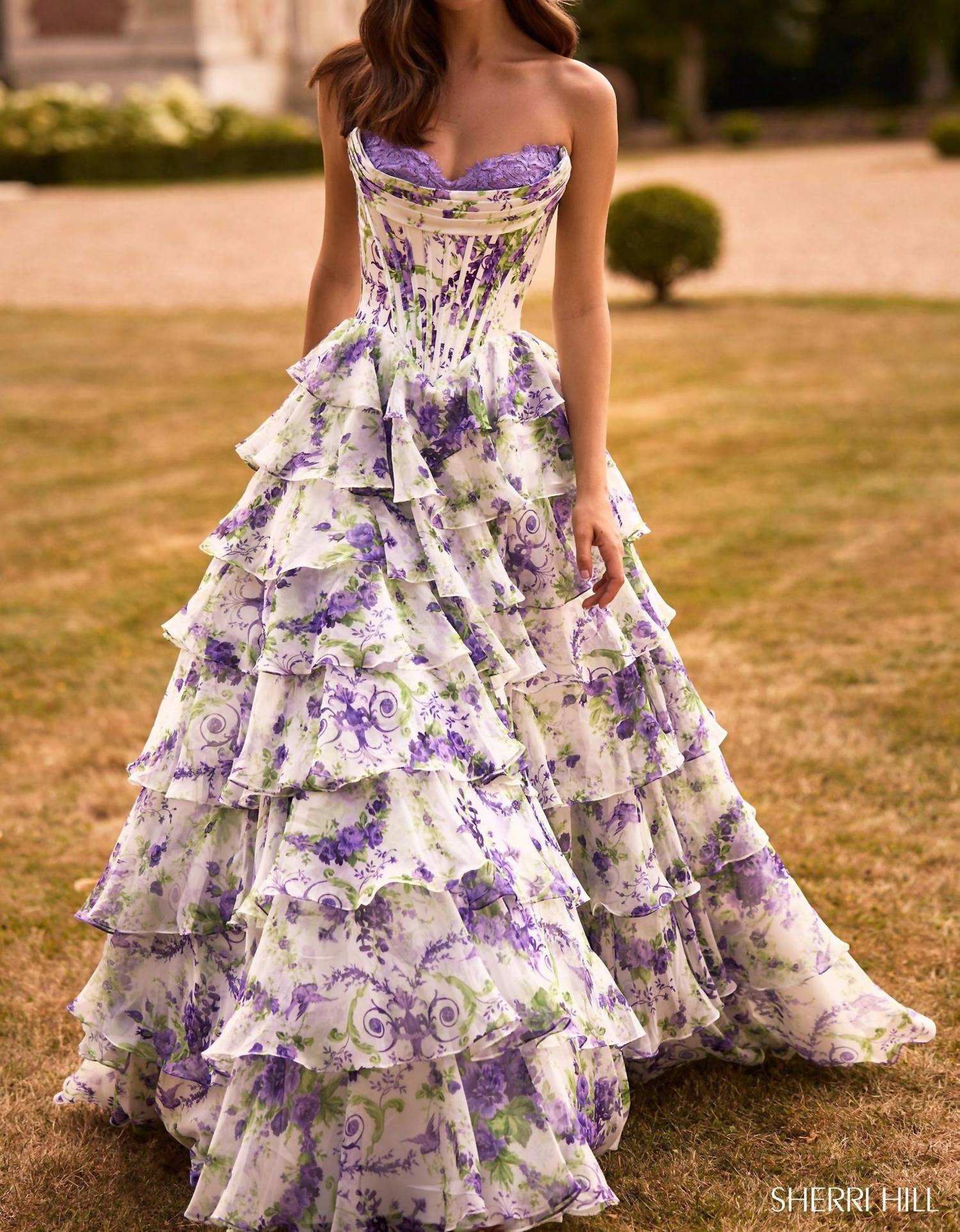 Sherri Hill Ruffle Skirt Strapless Floral Dress in ivory purple green print - women's dress - detail view