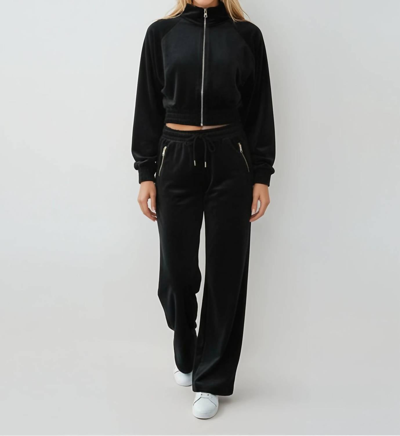 Malibu Road Luxe Velour Tracksuit Set in black - women's sleepwear - detail view