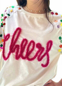 BiBi Cheers Metallic Letter Puff Sleeve Top in pink multi - women's t-shirt - detail view