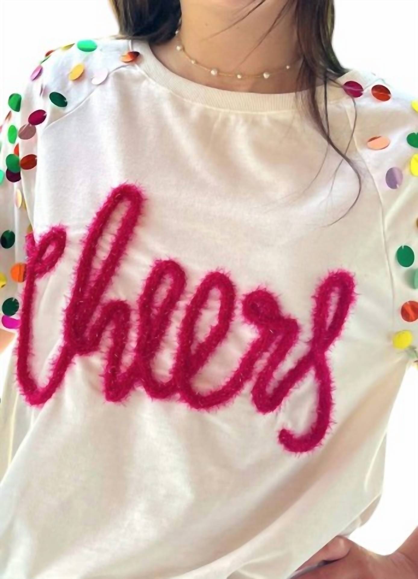 BiBi Cheers Metallic Letter Puff Sleeve Top in pink multi - women's t-shirt - detail view