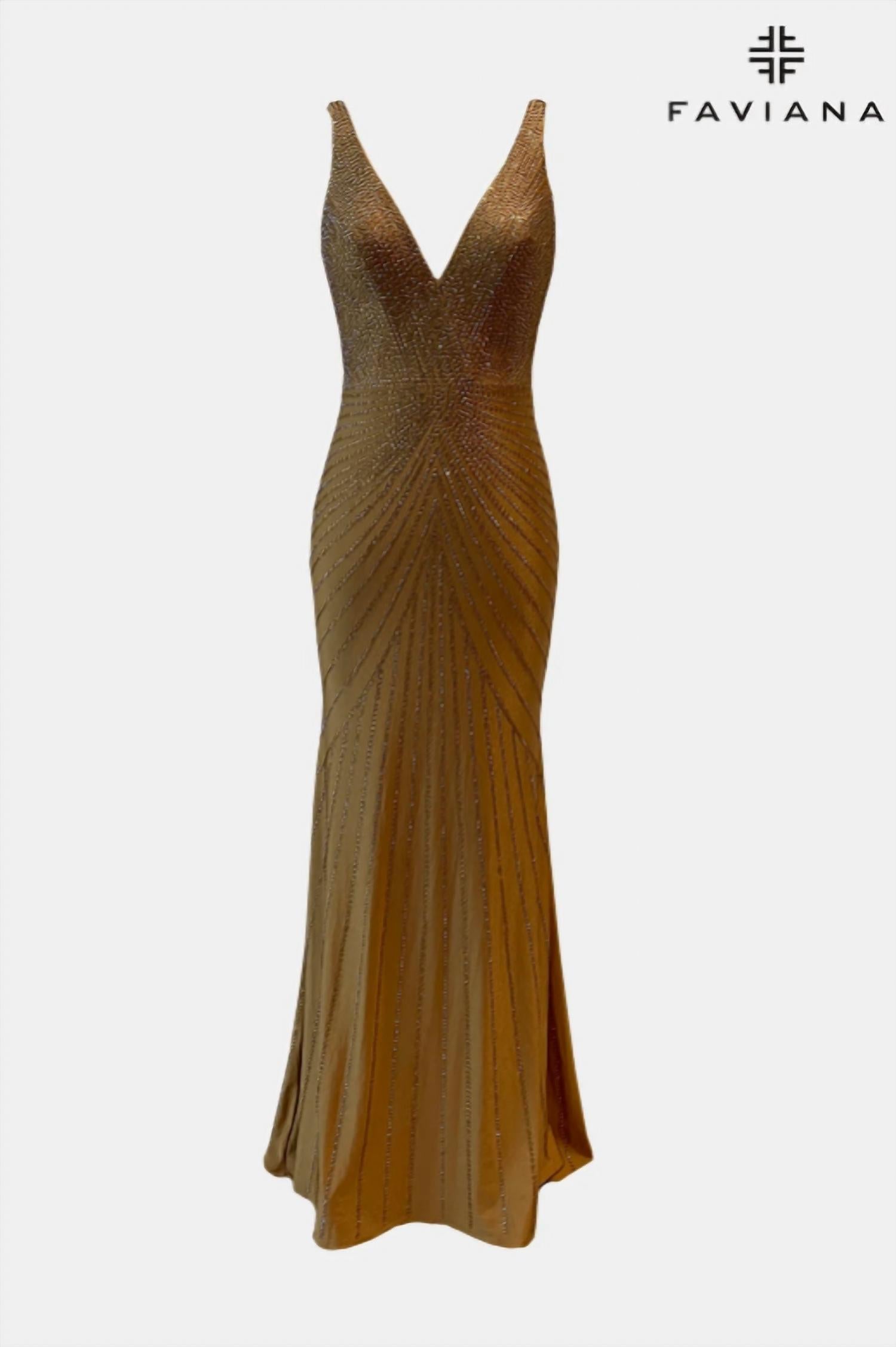 Faviana - Women's V-neck hot stone with sunburst pattern Gown