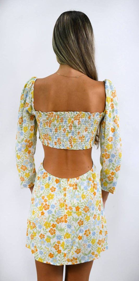 Sky To Moon - Floral Dream Open Midriff Dress with Sleeves