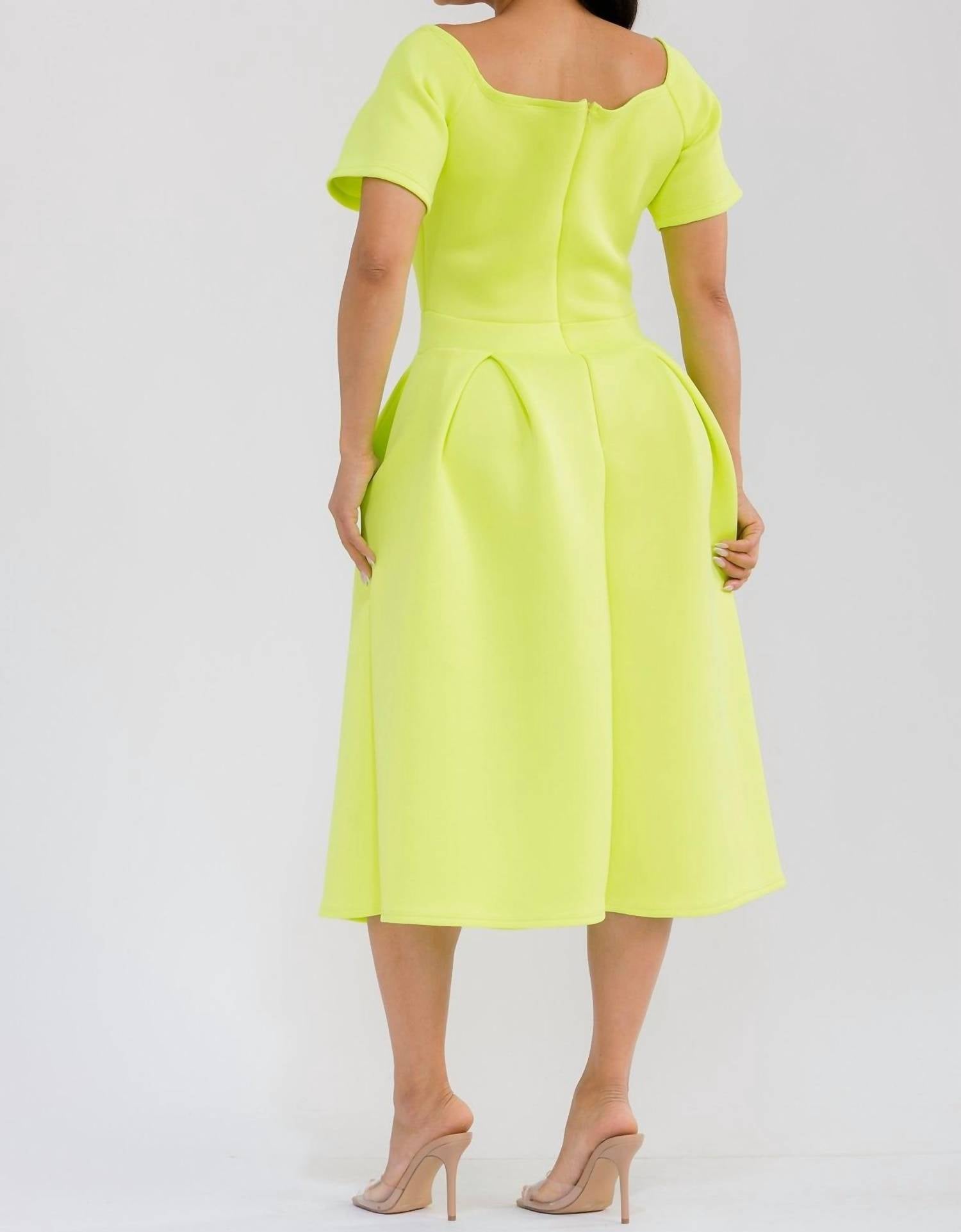 Karen T Design Pleated Midi Dress in yellow - women's dress - detail view