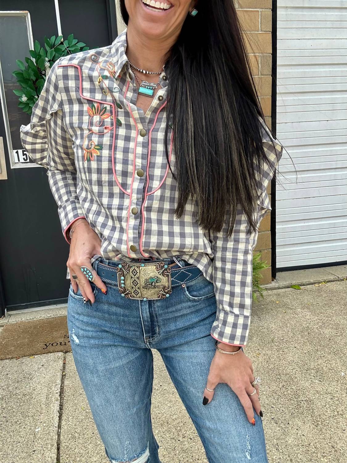 Blue B - Gingham Embroidered Western Snap Top