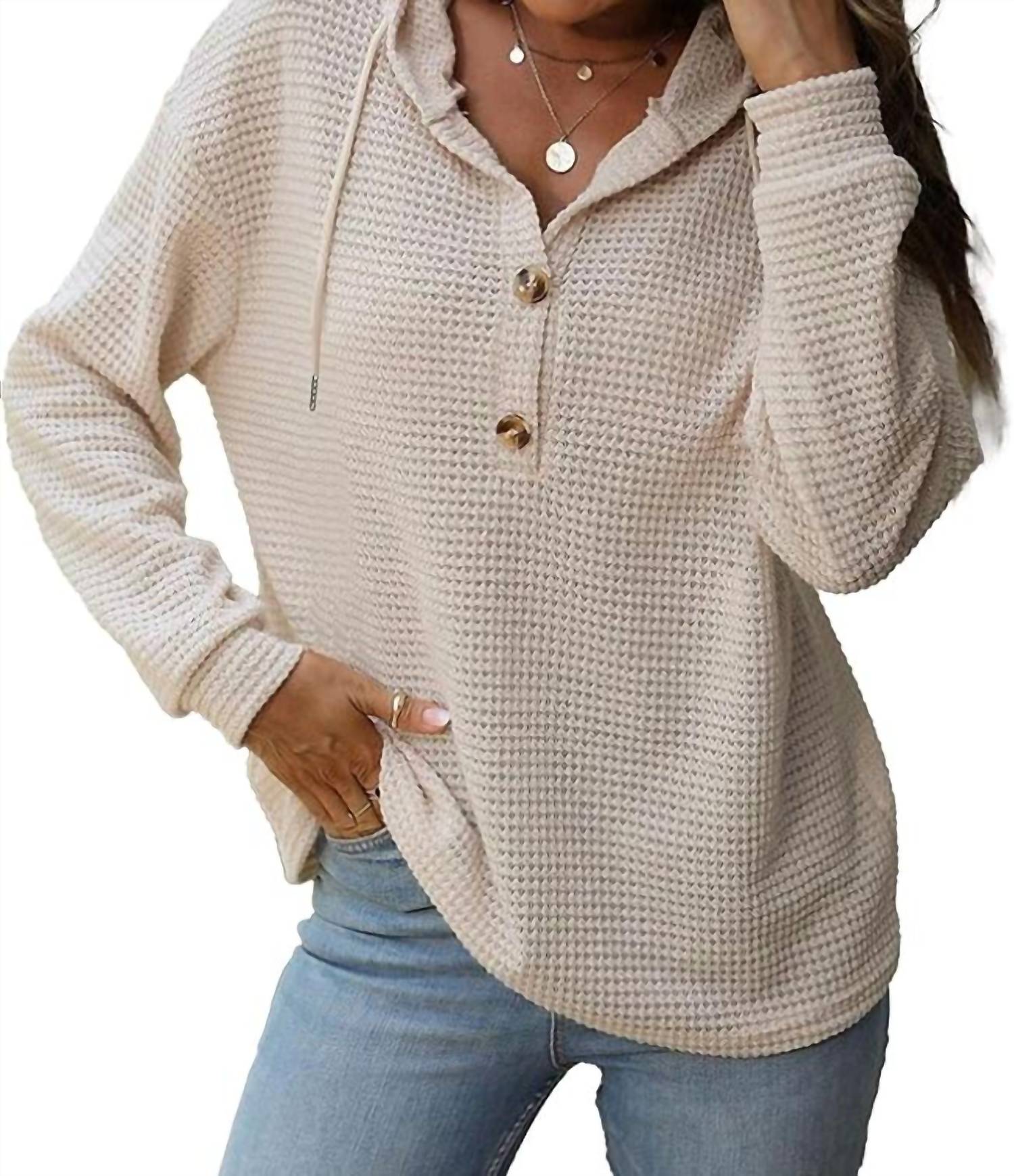 Lily Clothing Waffle Button-up Hoodie Pullover in apricot - women's top - detail view