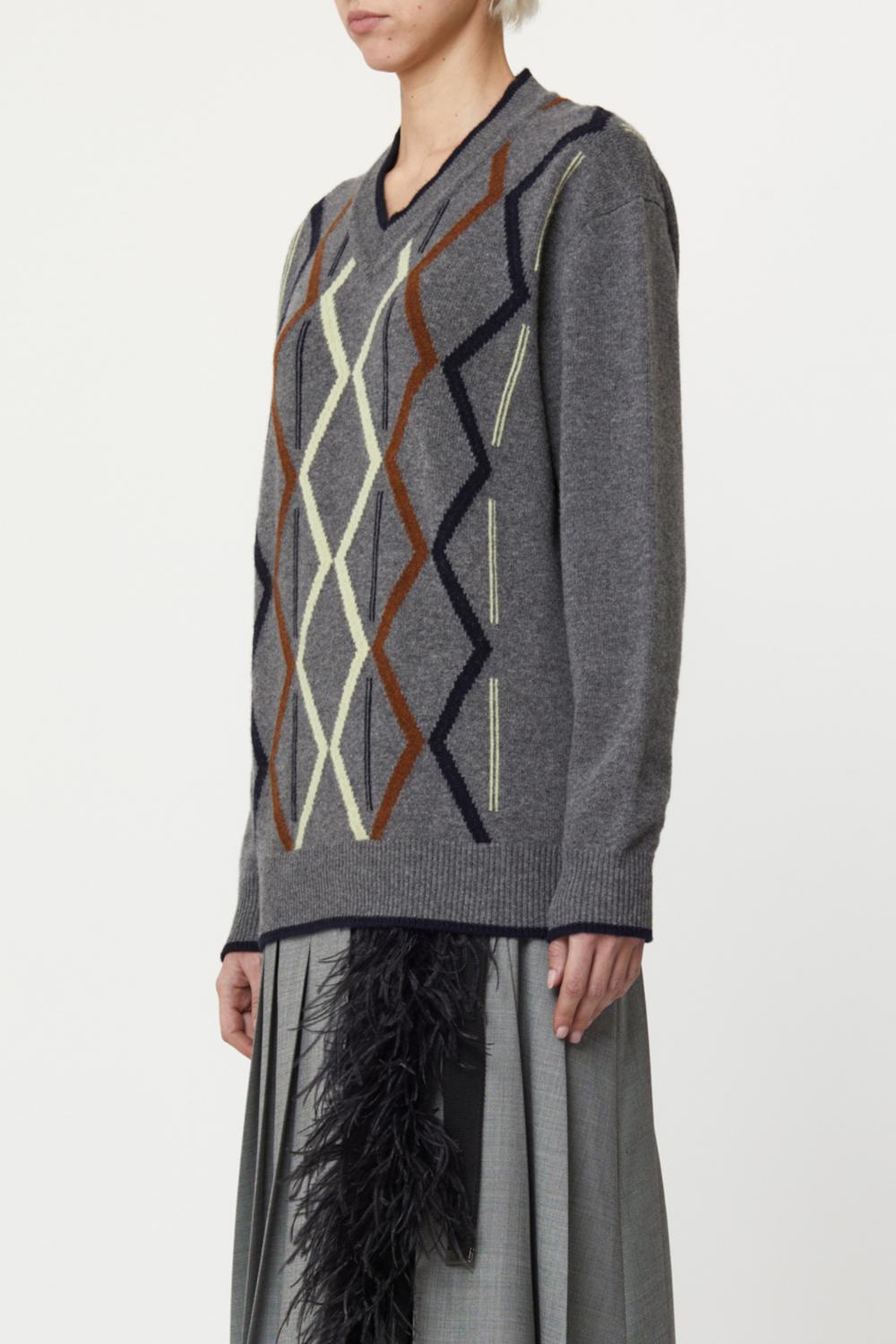Plan C Argyle Cashmere V-neck Sweater in multi - women's sweater - detail view