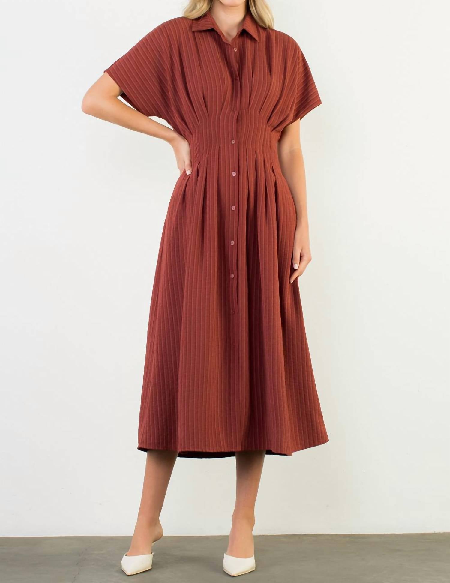 THML Short Sleeve Striped Maxi Dress in red - women's dress - detail view
