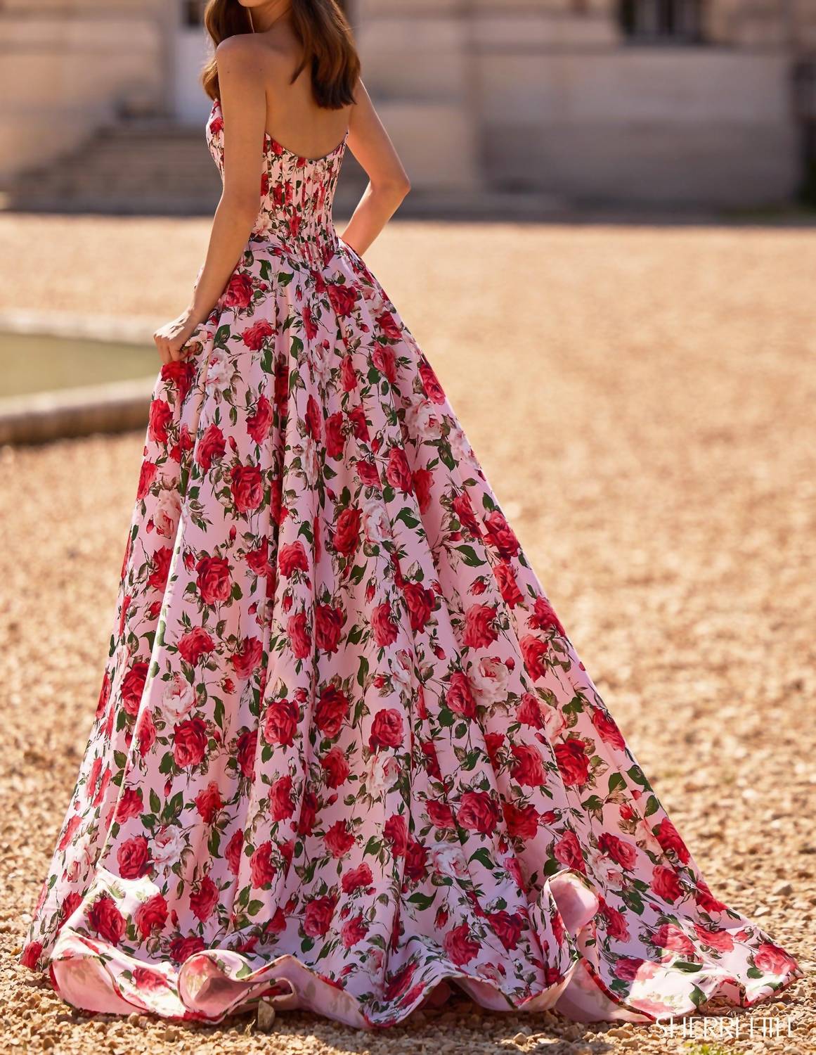 Sherri Hill Strapless Floral Gown With Corset Bodice in pink print - women's dress - view 4