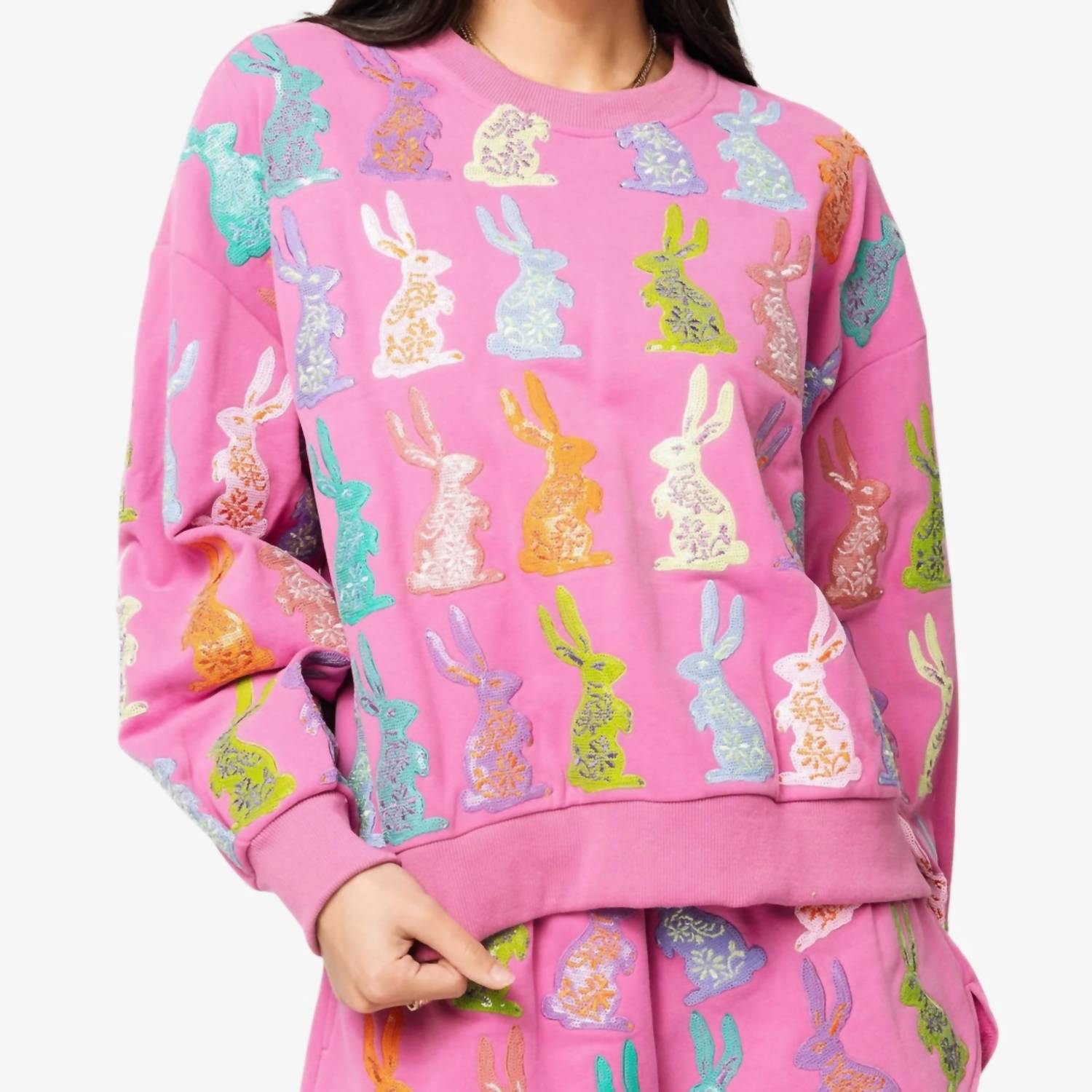 QUEEN OF SPARKLES Easter Bunny Sweatshirt in purple 1 - women's top - detail view