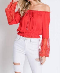 Davi & Dani - Off Shoulder With Sheer Lace Detailed Bell Sleeves Top