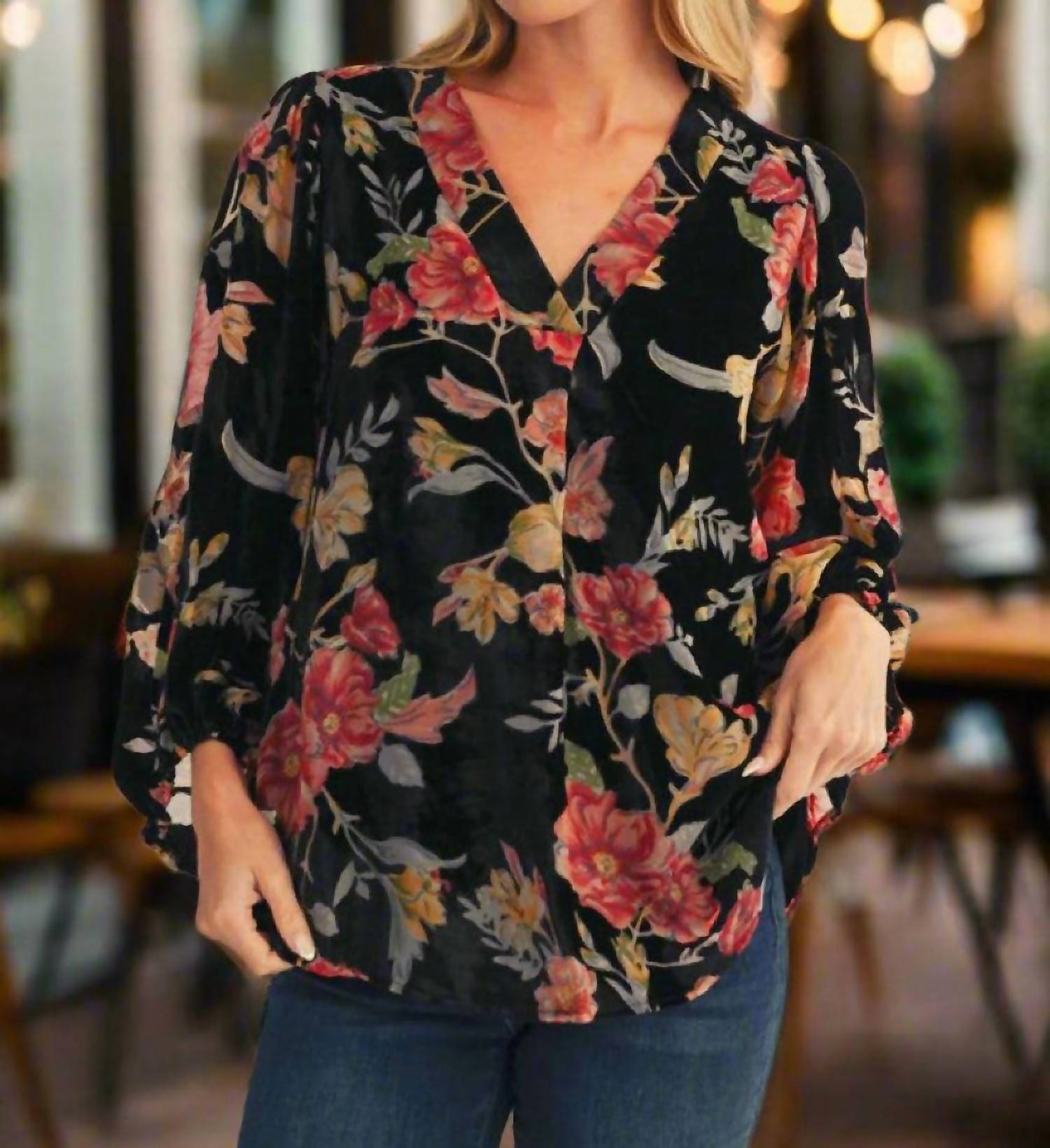 Jodifl Burnout Velvet Floral Blouse in black - women's blouse