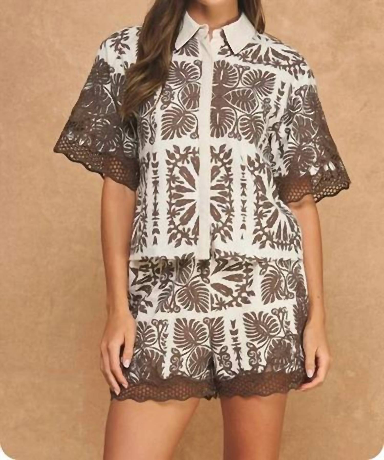 Strut & Bolt - GEOMETRIC LEAF PRINT EMBROIDERED LINEN SHORTS