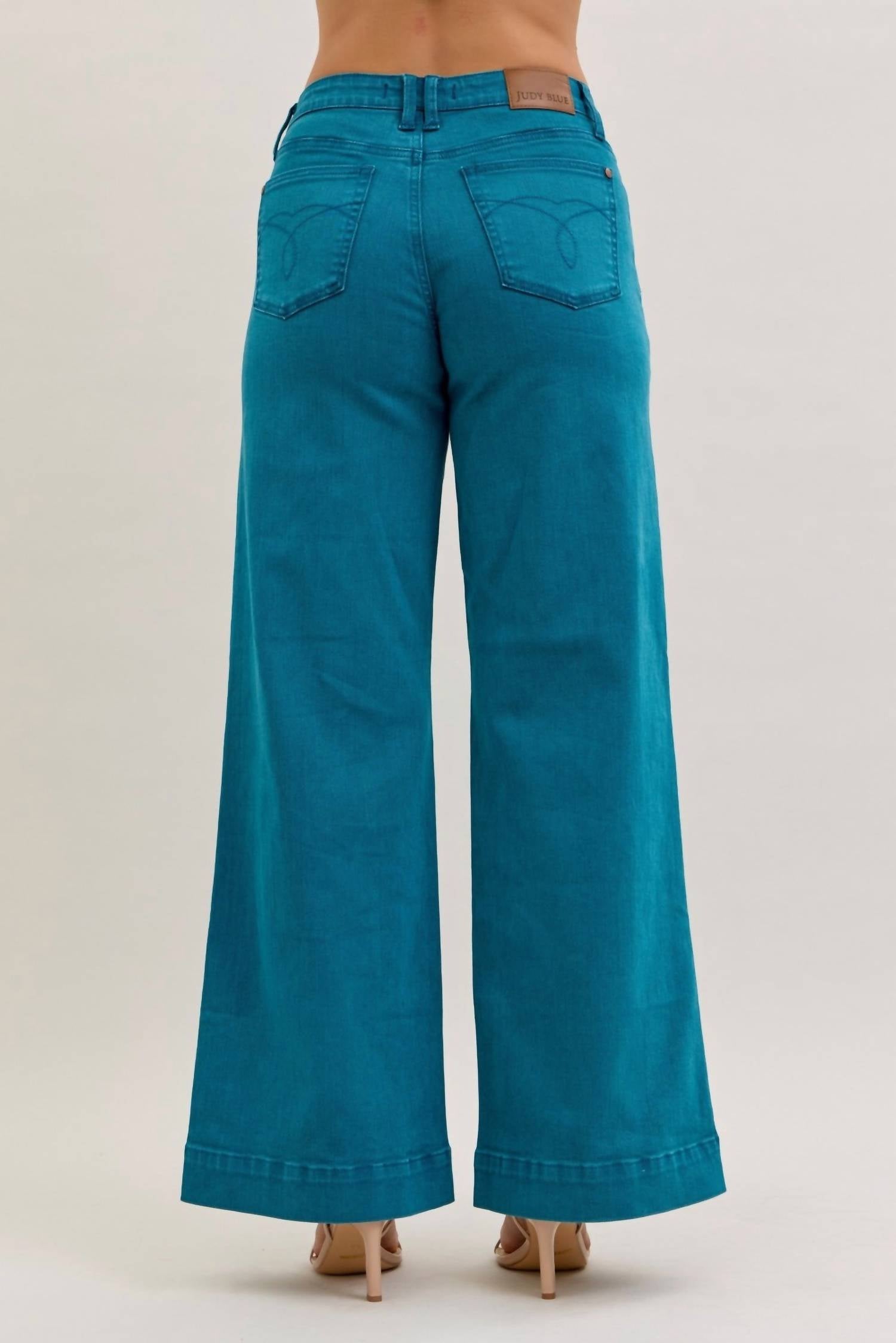 Judy Blue Midrise Wide Leg Jean in teal - women's pants - detail view