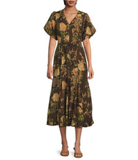 ASTR Lavena Belted V-neck Puff Sleeve Midi Dress in brown floral - women's dress