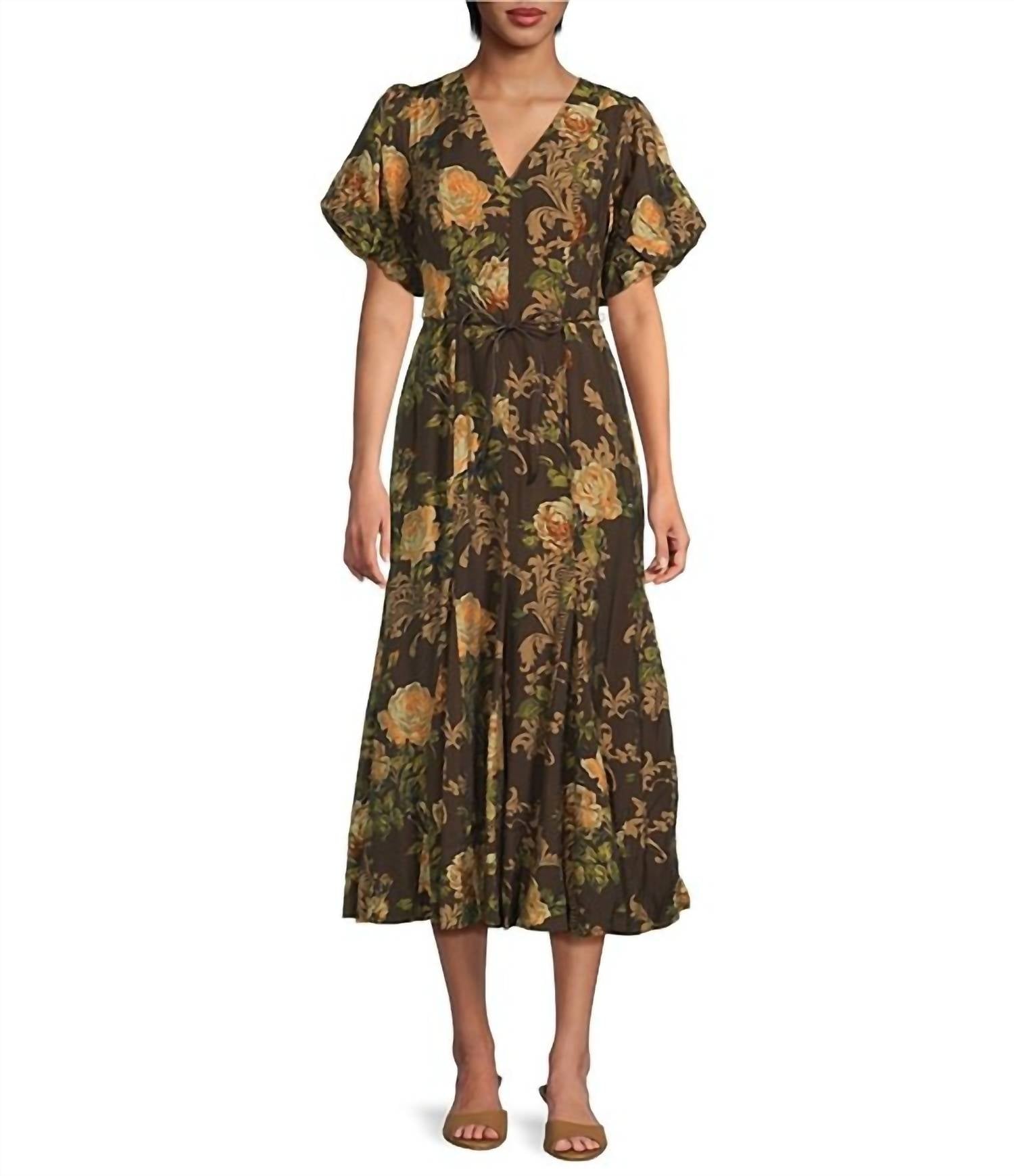 ASTR Lavena Belted V-neck Puff Sleeve Midi Dress in brown floral - women's dress