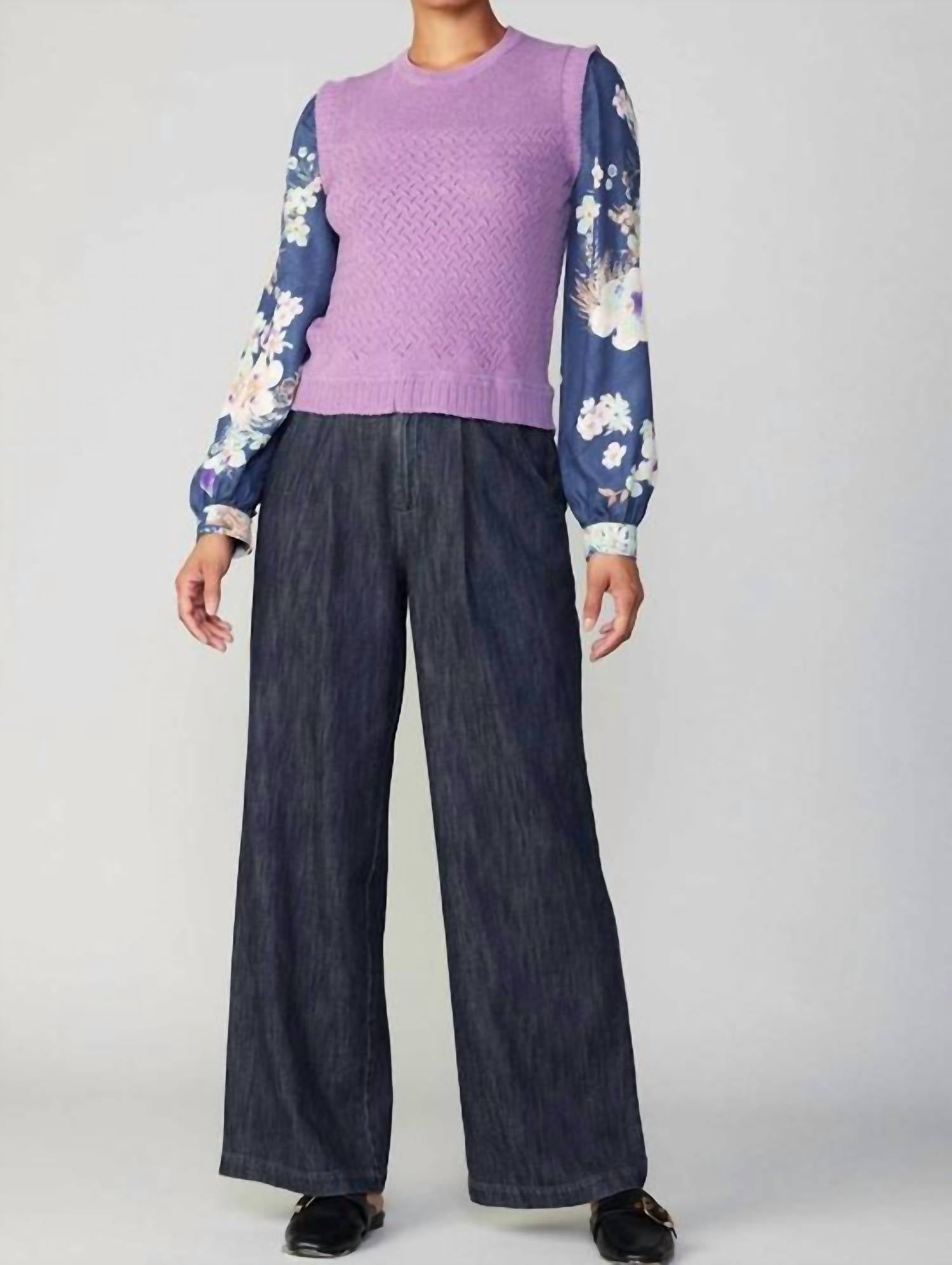 Current Air - Floral Woven Sleeve Sweater