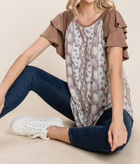 Emerald Collection Floral Paisley Tiered Sleeves Top in brown - women's blouse - view 6