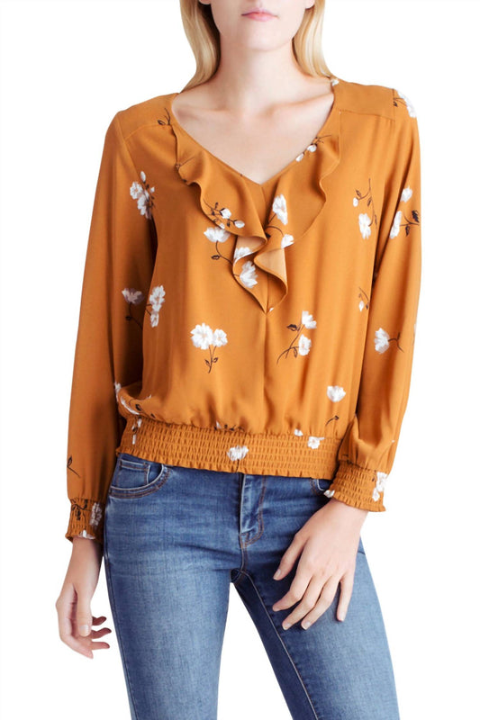 Kensie - Floral Long Sleeve Ruffled V-Neck Woven Top